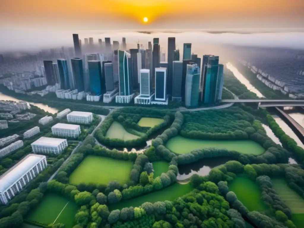 Espectacular ciudad moderna con ríos y parques Inversión en REITs inmobiliarios: Ciudad moderna con rascacielos y parques, bañada por la cálida luz del atardecer