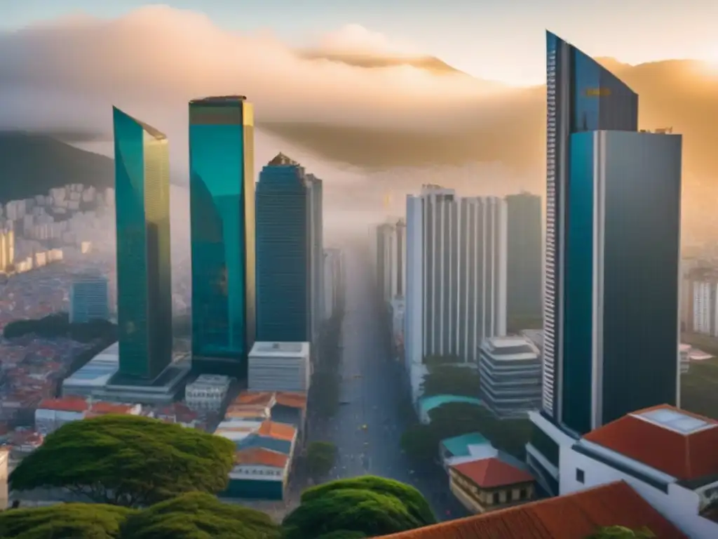 Comparación préstamos inmobiliarios América: Ciudad latinoamericana vibrante con arquitectura moderna y colonial, profesionales debatiendo