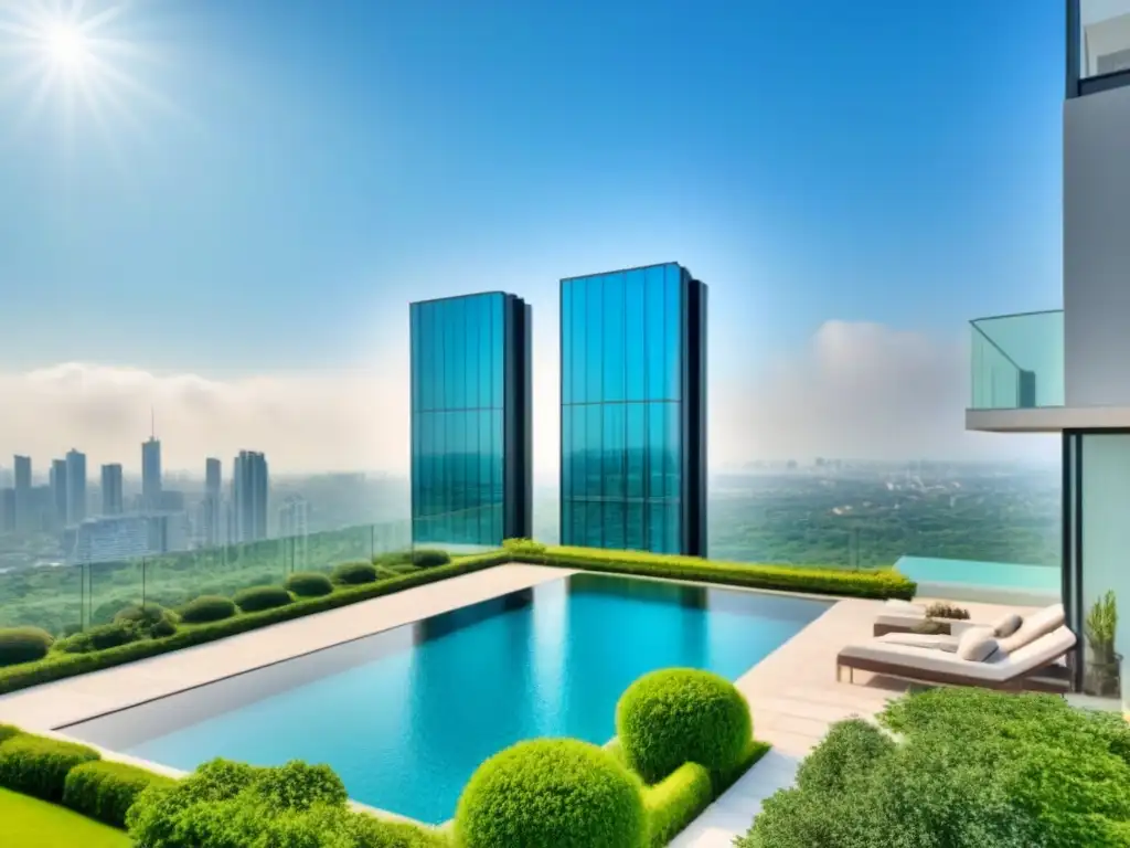 Rascacielos de vidrio rodeado de naturaleza en la vibrante ciudad Inversión en REITs inmobiliarios: Majestuoso rascacielos de cristal rodeado de vegetación, reflejando la ciudad vibrante