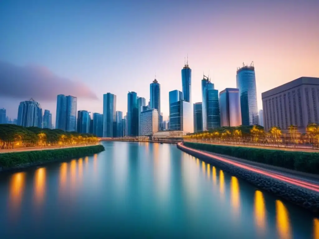 Inversiones inmobiliarias: skyline de ciudad moderna al anochecer Inversión en REITs inmobiliarios: Vista de la ciudad moderna al anochecer, con rascacielos iluminados y un río sereno