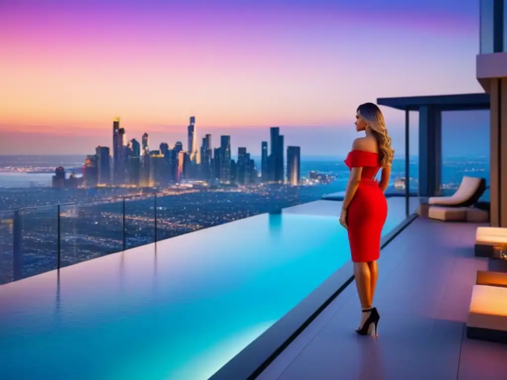 Condominio de lujo con vista a la ciudad al atardecer Invertir en inmuebles fuera país: Edificio de lujo con piscina en la azotea y vistas a la ciudad al atardecer