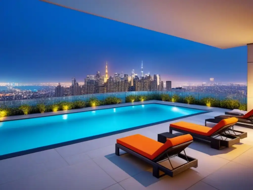 Inversión inmobiliaria de lujo en ciudad cosmopolita al atardecer Invertir en inmuebles fuera país: Edificio moderno de lujo con terraza en la azotea y piscina, reflejando el bullicio urbano al anochecer