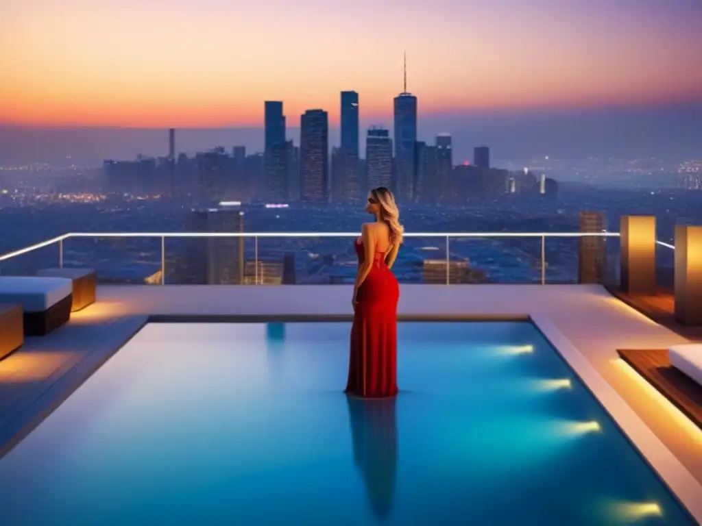 Complejo de apartamentos modernos de lujo con piscina en la azotea y vistas a la ciudad al atardecer Invertir en inmuebles fuera país: lujoso complejo de apartamentos modernos con piscina en la azotea y vistas a la ciudad al atardecer