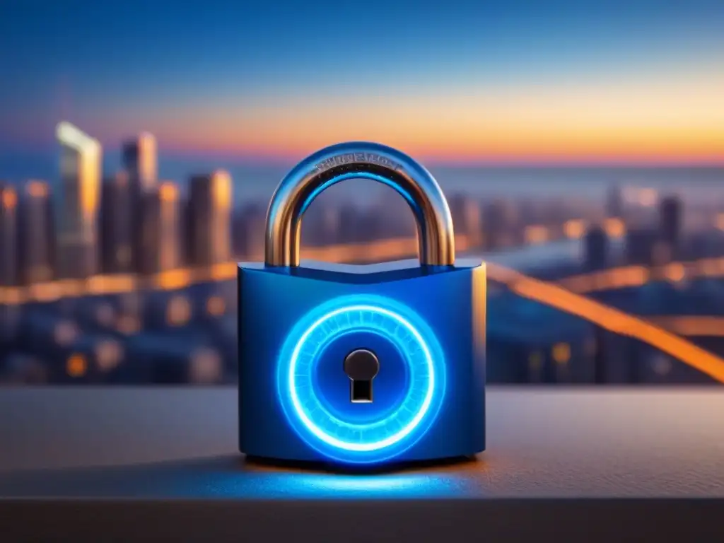 Padlock digital futurista en azul brillante: seguridad inmobiliaria avanzada Un innovador candado digital resplandeciente en azul, simbolizando seguridad avanzada en financiamiento inmobiliario