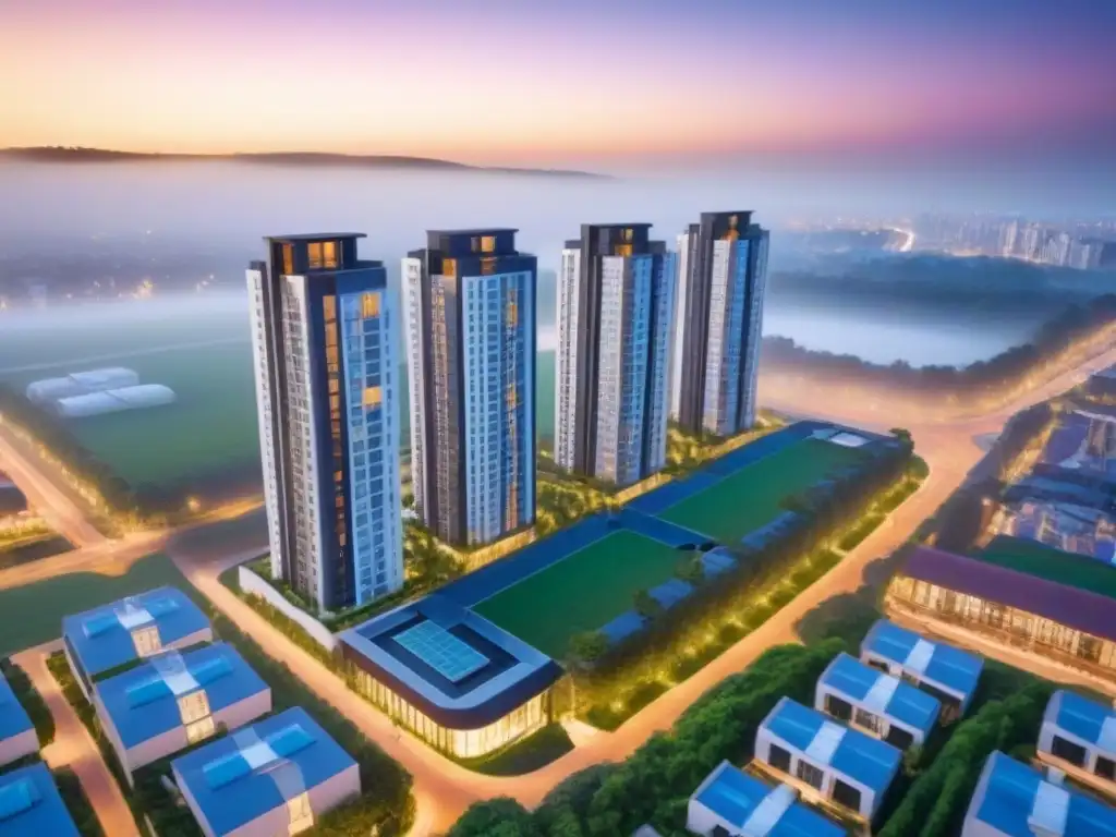Innovador desarrollo urbano con torres residenciales y espacios comerciales, rodeado de zonas verdes al atardecer