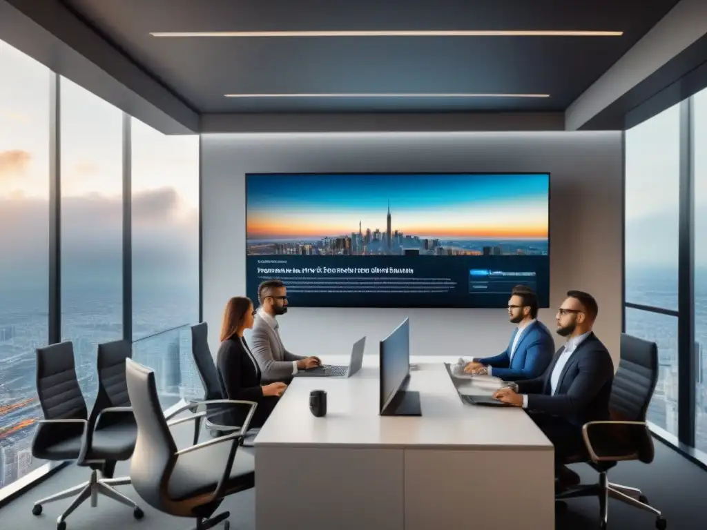 Oficina moderna con SEO en tiempo real y equipo diverso en brainstorming Un innovador espacio de oficina con análisis SEO en tiempo real para inversores inmobiliarios