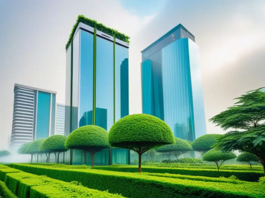 Skyscraper moderno rodeado de vegetación: valor inmobiliario asegurado Innovador rascacielos rodeado de vegetación exuberante, simbolizando el valor de los seguros para invertir en inmuebles