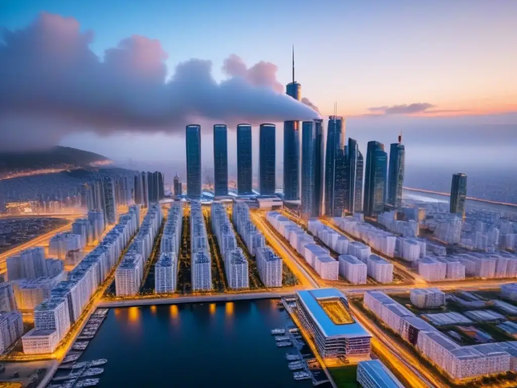Metrópolis futurista con IA: Evaluación inmobiliaria avanzada Innovadora ciudad futurista con rascacielos modernos y drones AI, reflejando la integración de la inteligencia artificial en evaluación inmobiliaria