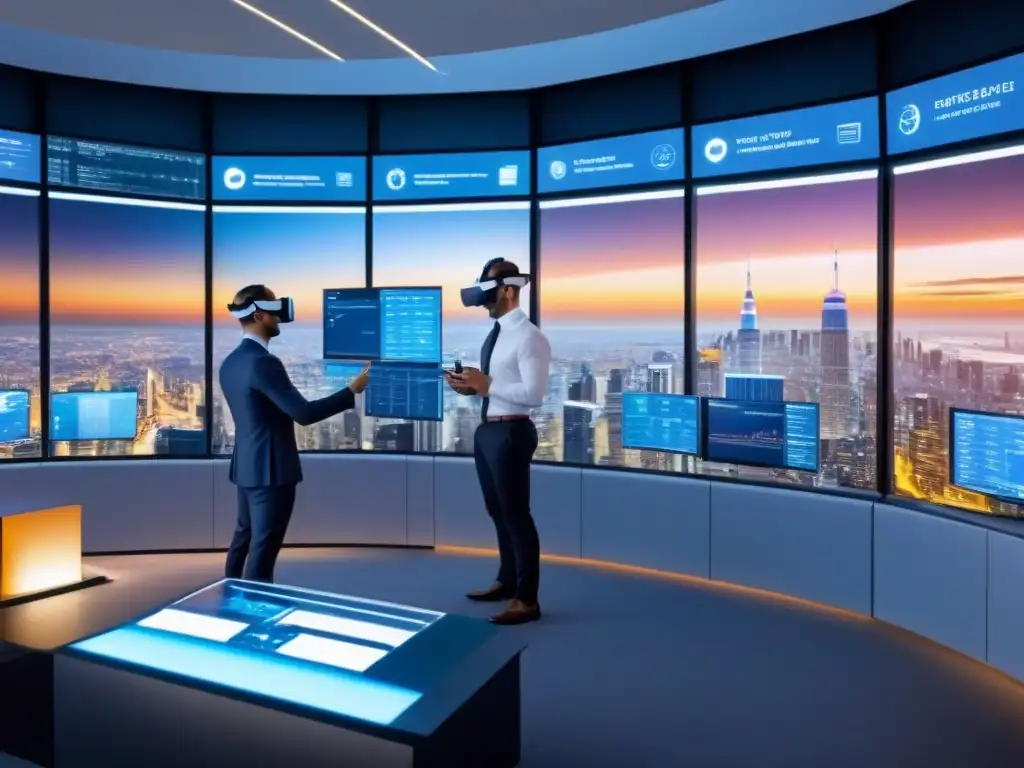 Aula virtual futurista en rascacielos tecnológico Innovadora educación financiera inmobiliaria microlearning en aula virtual futurista con tecnología de punta
