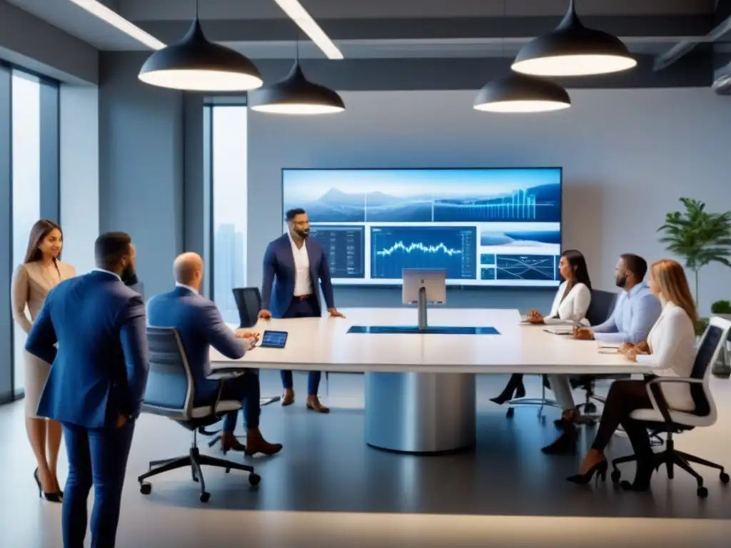 Profesionales innovadores en reunión colaborativa Un inspirador equipo de profesionales diverso analiza inversiones en crowdfunding inmobiliario en una moderna oficina