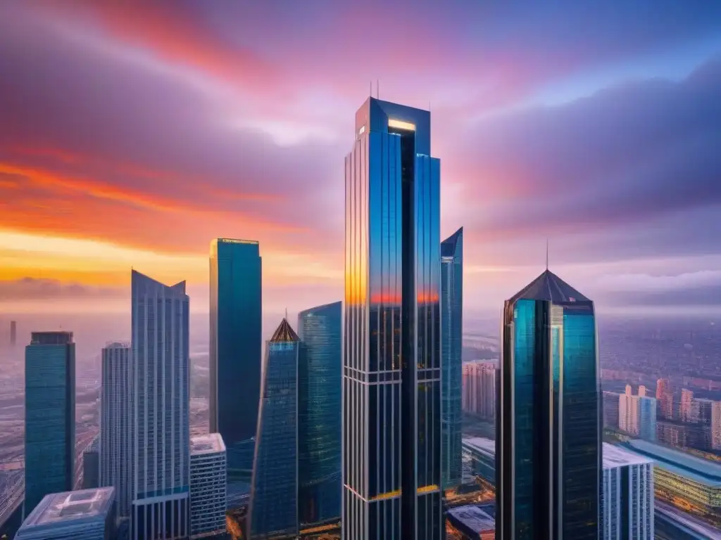 Espléndida silueta urbana: rascacielos modernos al atardecer Inspiradora vista de rascacielos modernos al atardecer, reflejando el sol