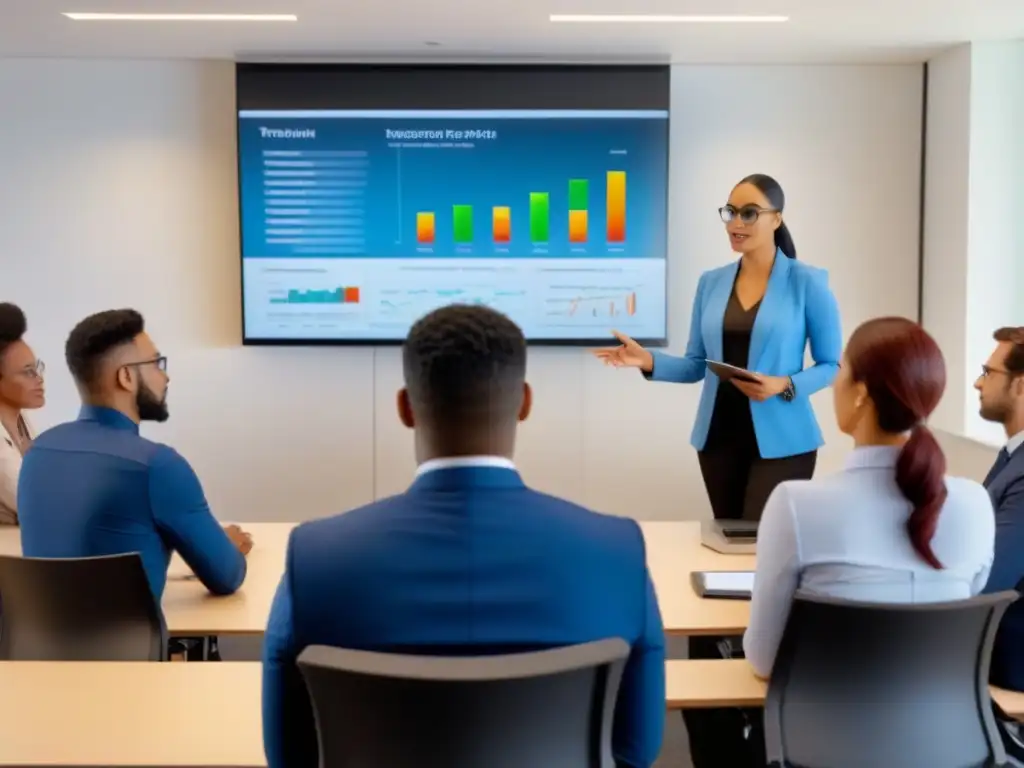 Clase de finanzas inmobiliarias: aprendizaje inclusivo y dinámico Un instructor de finanzas inmobiliarias enseña a un grupo diverso de estudiantes en un aula moderna y luminosa