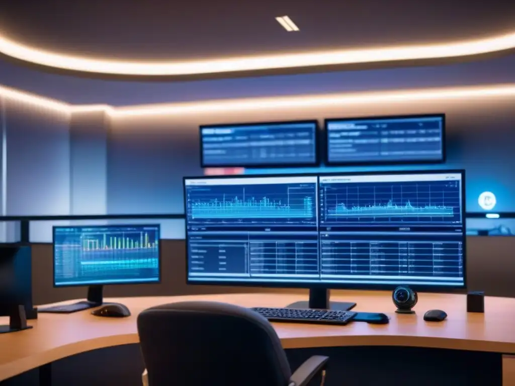 Inteligencia artificial en financiamiento inmobiliario: Sistema futurista analizando datos financieros con luces neón y hologramas en oficina moderna