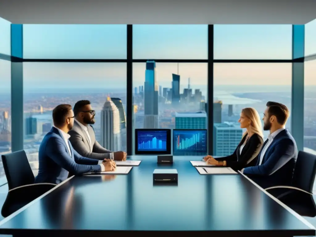 Negociación empresarial en sala de conferencias de alto nivel Una intensa negociación financiera inmobiliaria entre profesionales en una moderna sala de conferencias con vistas a la ciudad