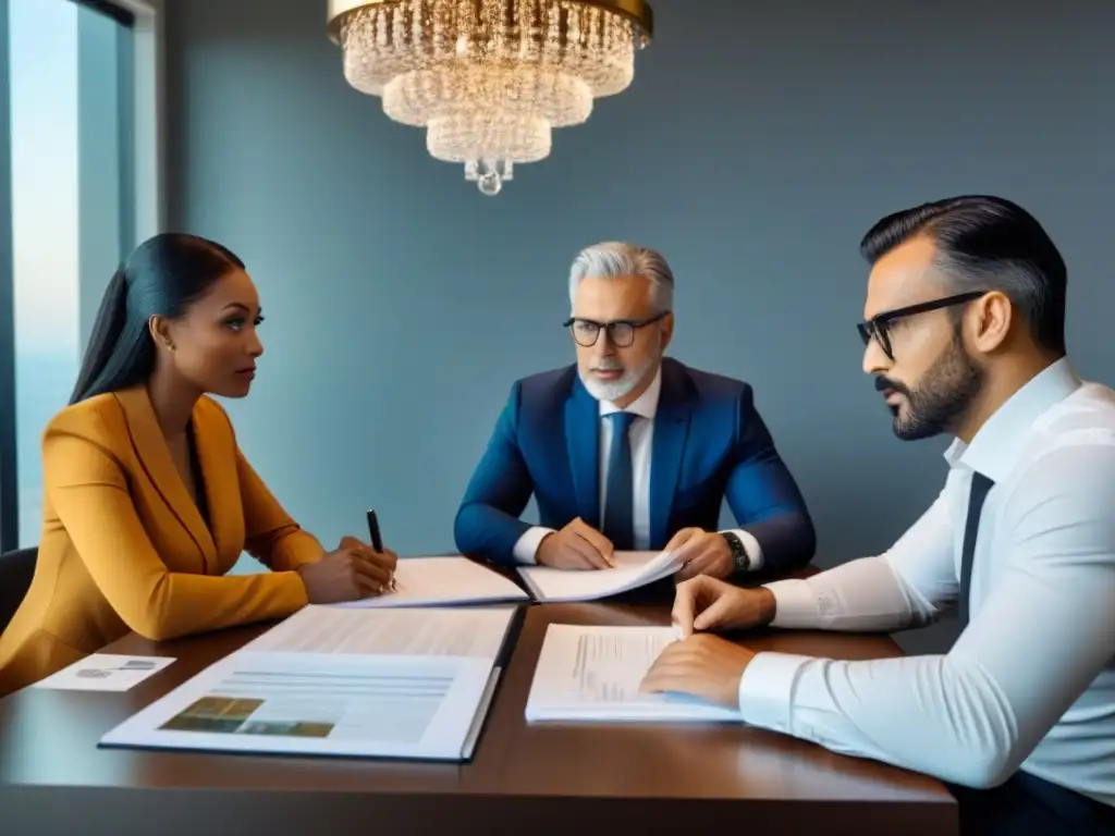 Reunión generacional: planificación financiera en familia Una intensa reunión de planificación financiera en elegante comedor, afrontando pagos préstamo hipotecario