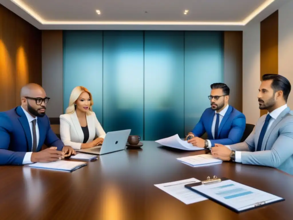 Profesionales en sala de juntas discuten préstamos inmobiliarios Intensas discusiones sobre Riesgos legales préstamos inmobiliarios en sala de juntas moderna