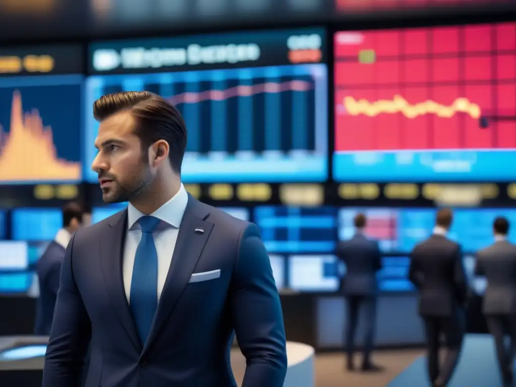 Intensa actividad bursátil con traders profesionales y tecnología moderna Intenso y futurista ambiente de bolsa de valores con traders analizando estrategias de inversión a corto plazo