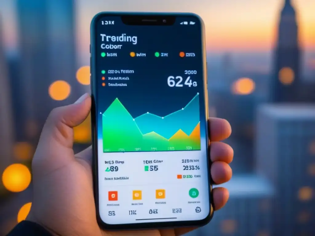 Interfaz de app inmobiliaria innovadora con gráficos interactivos y opciones de financiamiento, en un smartphone futurista 8k