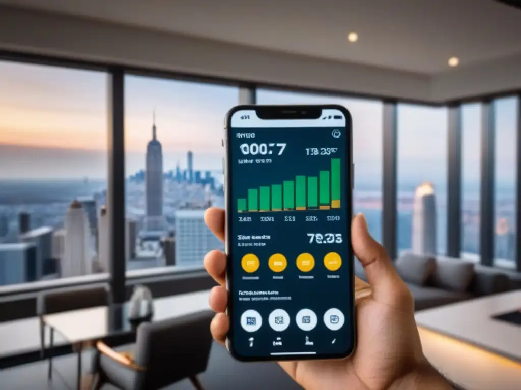 App de inversión inmobiliaria: interfaz moderna y profesional en smartphone Una interfaz de app inmobiliaria moderna en un smartphone, con gráficos interactivos y una vista a la ciudad