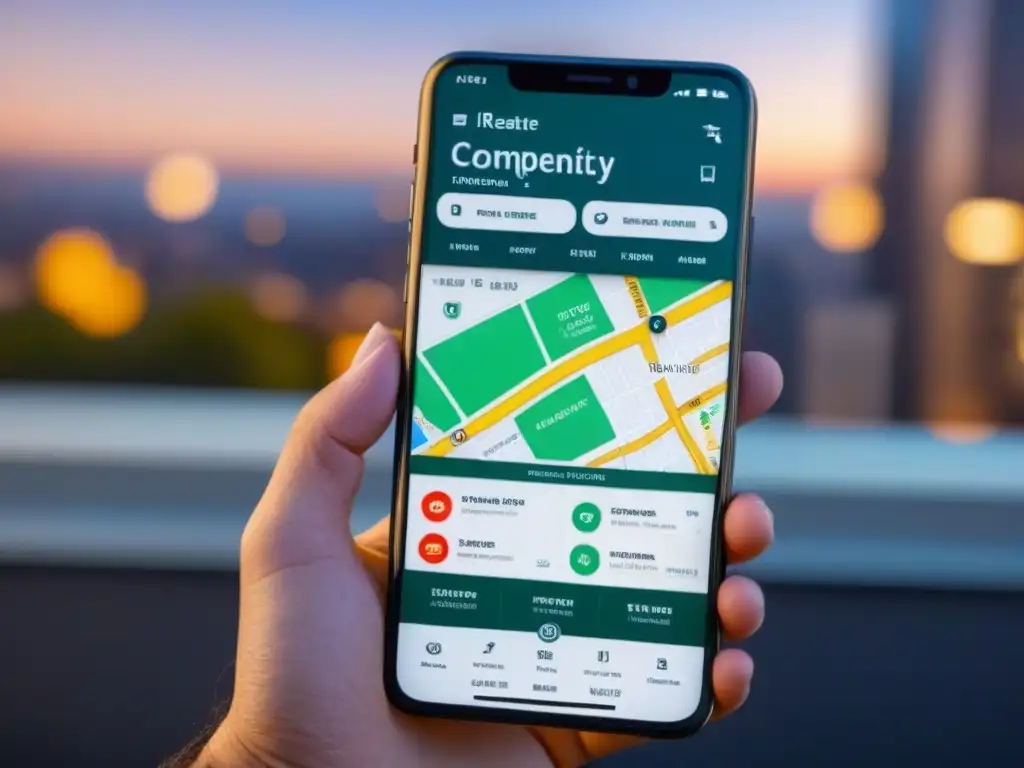 Interfaz inmobiliaria innovadora en smartphone 8k Interfaz de app inmobiliaria online en smartphone moderno con mapas, listados y gráficos, ideal para gestión inmobiliaria online