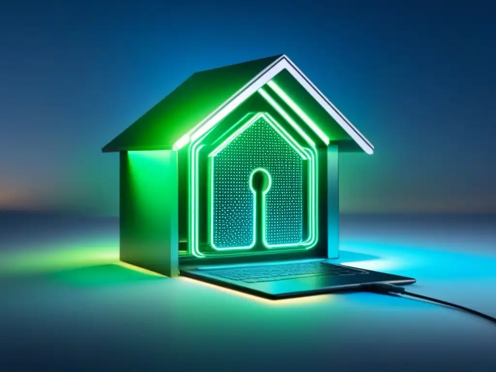 Interfaz futurista de encriptación segura para transacciones inmobiliarias Interfaz digital futurista mostrando algoritmos de encriptación junto a una silueta de casa