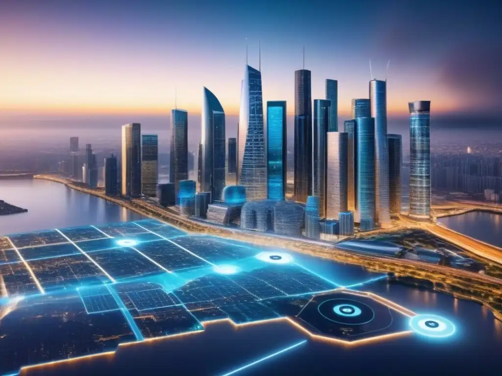 Análisis inmobiliario futurista: datos y tendencias en tiempo real Interfaz digital futurista mostrando análisis del mercado inmobiliario sobre el horizonte de una ciudad