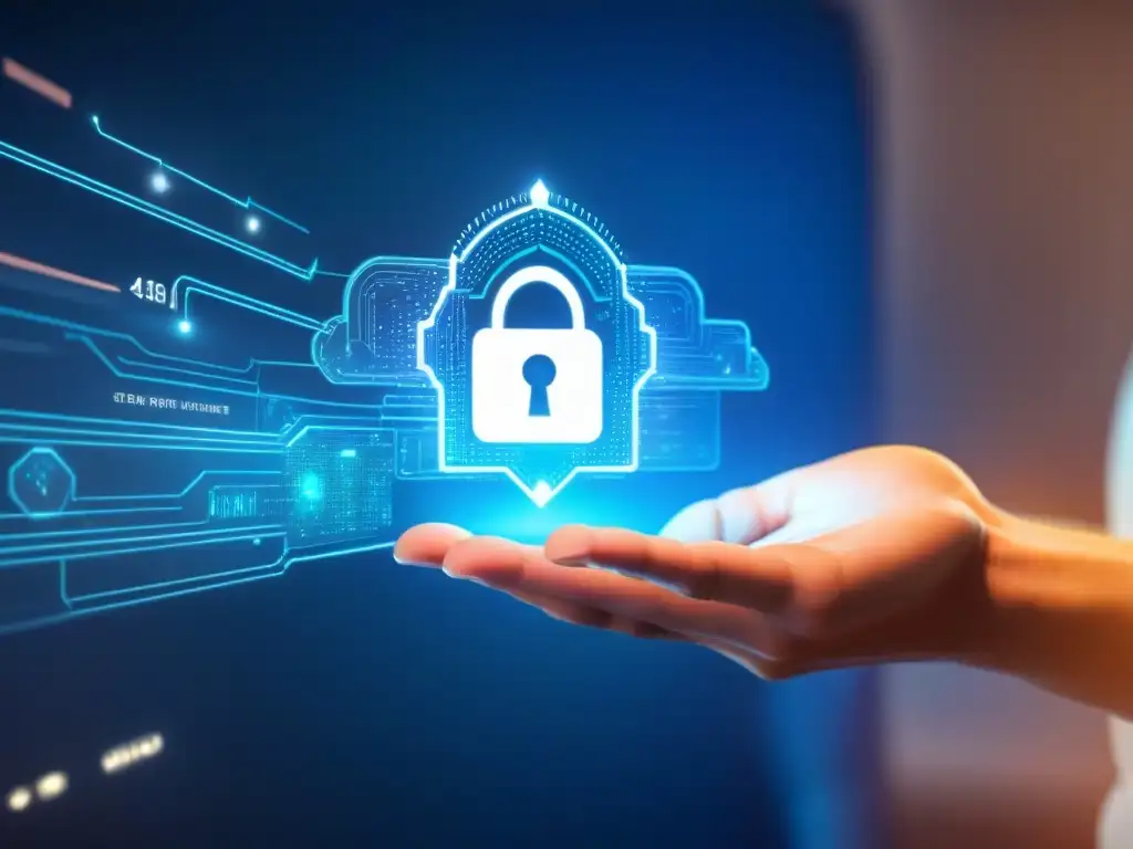 Vault digital futurista: seguridad Fintech para transacciones inmobiliarias Una interfaz digital futurista muestra una bóveda virtual con avanzados sistemas de seguridad, simbolizando herramientas Fintech para la Seguridad en transacciones inmobiliarias