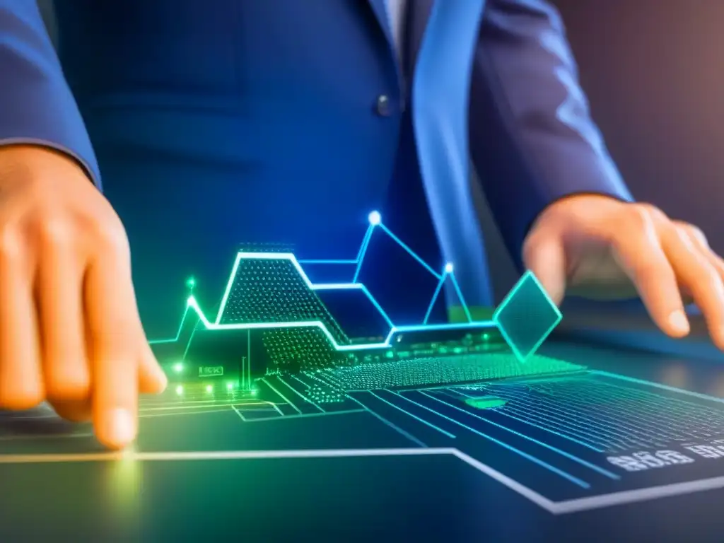 Interfaz digital futurista con conexiones y gráficos financieros, simbolizando la integración de Fintech en bienes raíces