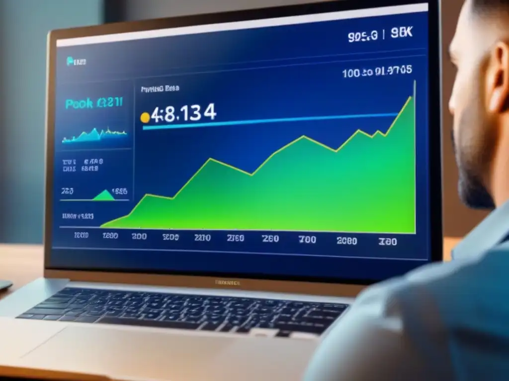 Interfaz financiera futurista para profesionales inmobiliarios Una interfaz digital futurista muestra datos financieros inmobiliarios detallados en tonos azules y verdes