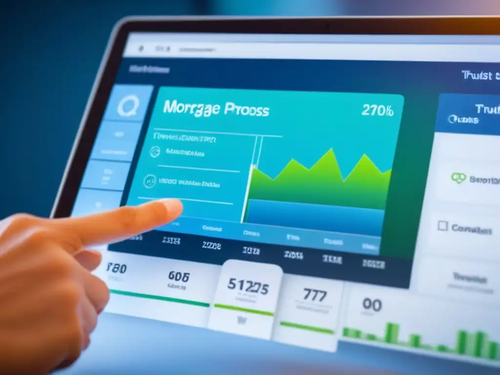 Visualización 3D de aprobación de hipoteca automatizada Una interfaz digital futurista muestra un detallado proceso de aprobación hipotecaria, con elementos gráficos y datos precisos, en tonos azules y verdes, simbolizando confianza e innovación en la automatización de evaluación de créditos hipotecarios