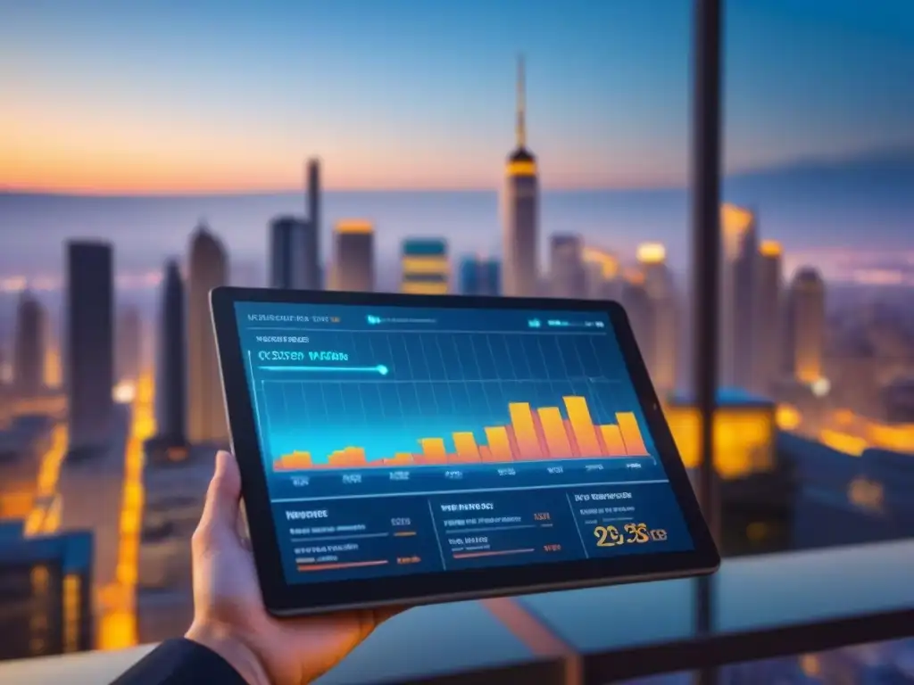 Interfaz digital futurista: tendencias mercado inmobiliario Una interfaz digital futurista muestra gráficos de mercado inmobiliario en una tablet elegante, con la ciudad al atardecer de fondo