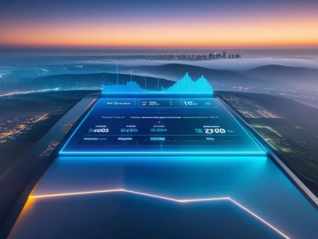 Interfaz futurista para inversión inmobiliaria Una interfaz digital futurista muestra visualización 3D de cartera de inversión inmobiliaria