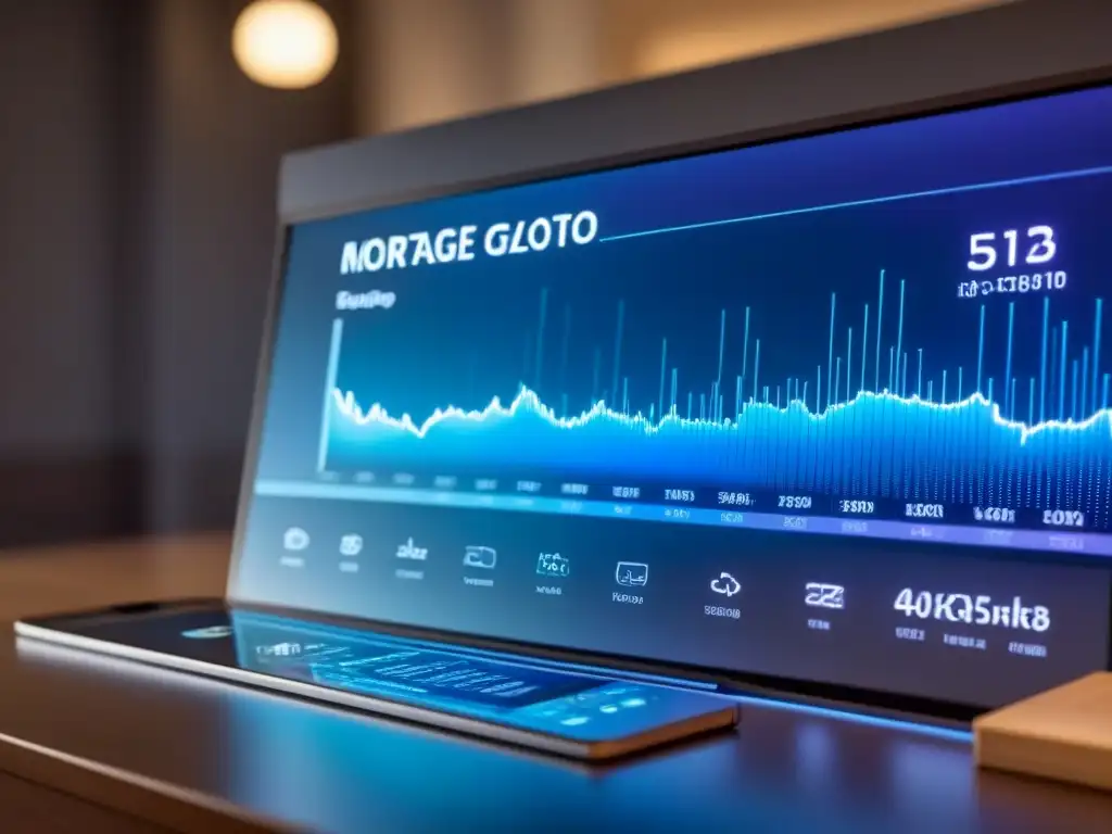 Opciones de hipoteca personalizadas en interfaz futurista Una interfaz digital futurista muestra opciones de financiamiento inmobiliario personalizadas, con gráficos interactivos y datos financieros, en un entorno tecnológico de líneas brillantes y patrones geométricos