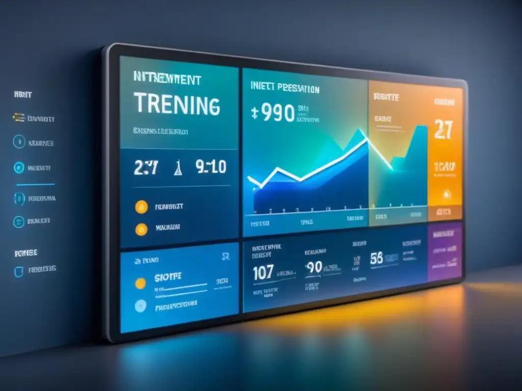 Interfaz digital futurista para inversión inmobiliaria Una interfaz digital futurista muestra opciones de inversión inmobiliaria con gráficos interactivos
