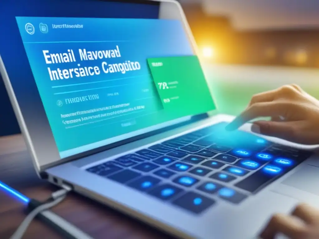 Interfaz digital futurista: red de emails para seguros Interfaz digital futurista con redes de emails, íconos y gráficos de seguros, representando las mejores estrategias email marketing seguros