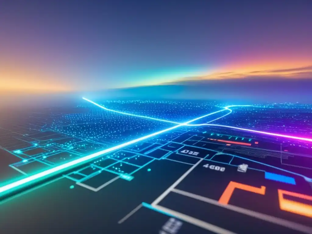 Plataforma futurista de listados inmobiliarios interconectados Interfaz digital futurista mostrando redes de listados de propiedades afiliados en vibrantes colores y gráficos sofisticados