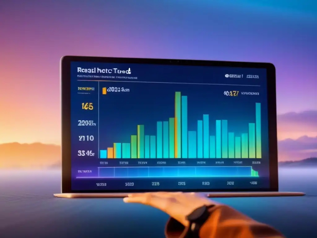 Innovación en financiamiento inmobiliario: tendencias y datos en interfaz digital futurista Una interfaz digital futurista muestra tendencias de financiamiento inmobiliario con colores vibrantes y gráficos dinámicos sobre un fondo minimalista