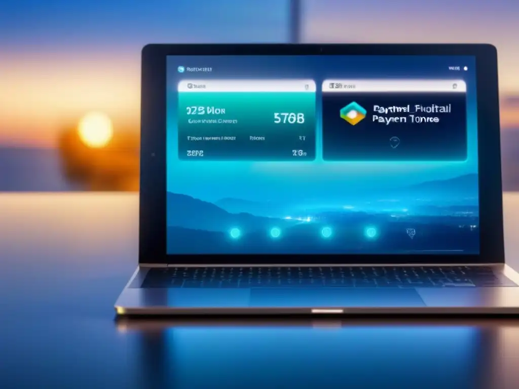 Interfaz de pago digital futurista en transacción inmobiliaria de lujo Una interfaz digital futurista procesando una transacción inmobiliaria, destacando pagos digitales en transacciones inmobiliarias