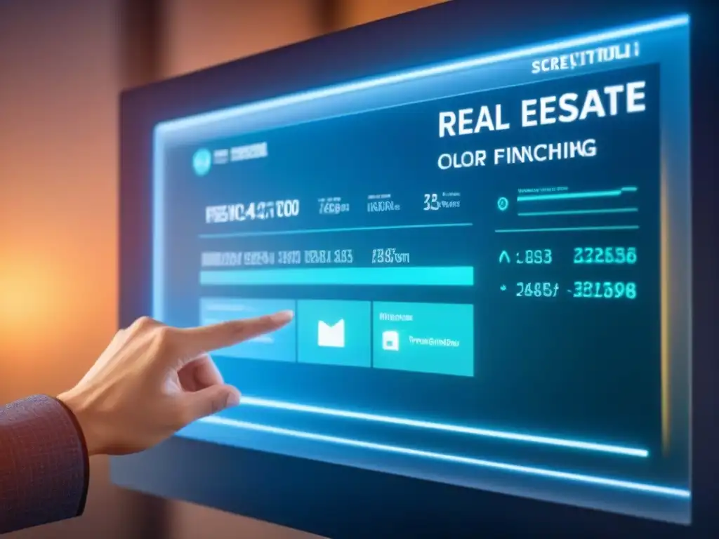 Transacción inmobiliaria segura: interfaz digital futurista Interfaz digital futurista para transacciones inmobiliarias online con códigos de encriptación y claves virtuales, transmitiendo seguridad y privacidad en políticas de financiamiento inmobiliario online