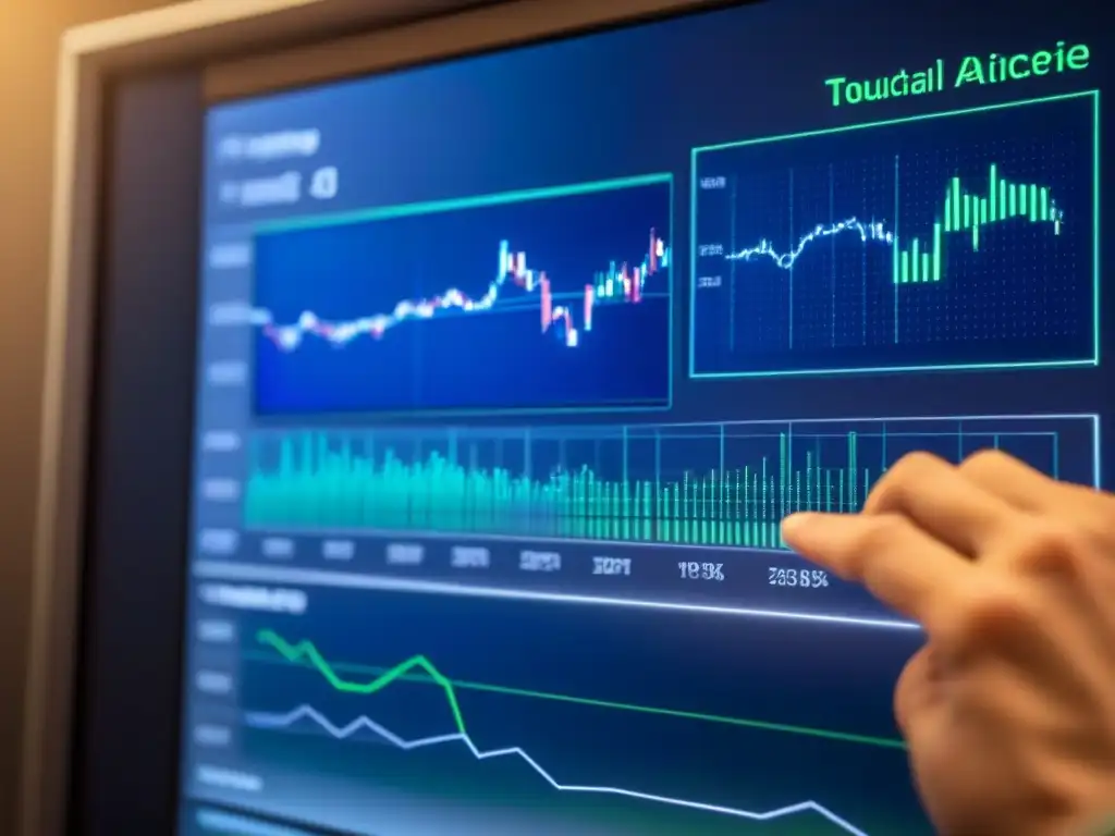 Interfaz financiera futurista: datos detallados en azul y plata Una interfaz digital moderna muestra gráficos financieros detallados con elementos futuristas