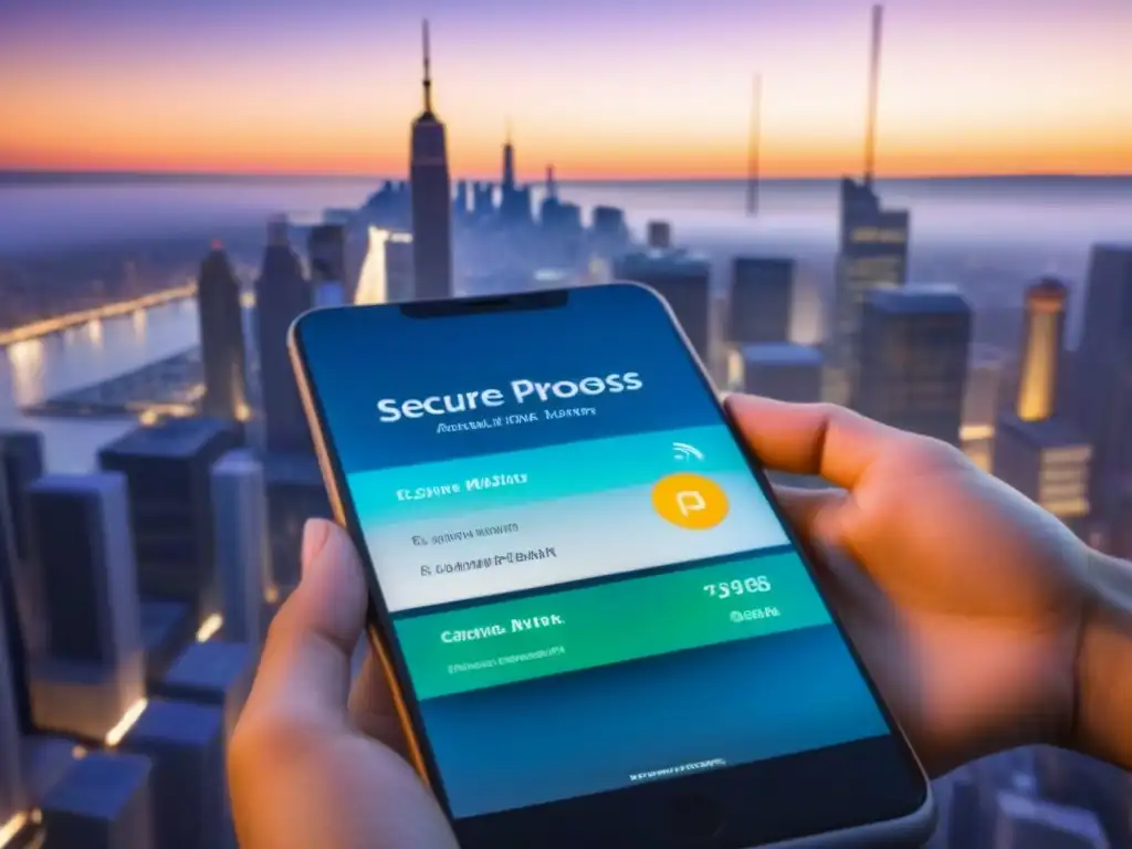 Proceso seguro de préstamo inmobiliario en ciudad futurista Interfaz digital moderna para solicitud de préstamo inmobiliario seguro, con gráficos y huella digital, en ciudad futurista al atardecer