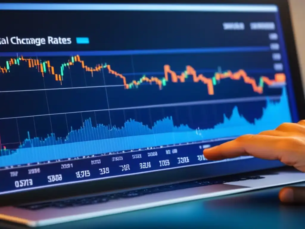 Interfaz financiera futurista: gráficos dinámicos de divisas e inversiones Interfaz financiera futurista con gráficos dinámicos y colores profundos, ideal para inversores internacionales en busca de protección cambiaria