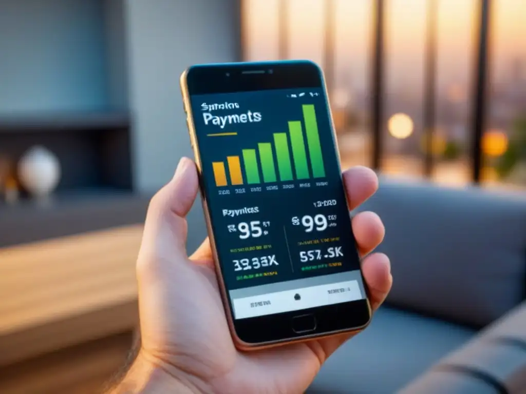 Interfaz financiera inmobiliaria: eficiencia y organización Interfaz financiera inmobiliaria eficiente con gráficos interactivos y recordatorios de pago en un elegante smartphone