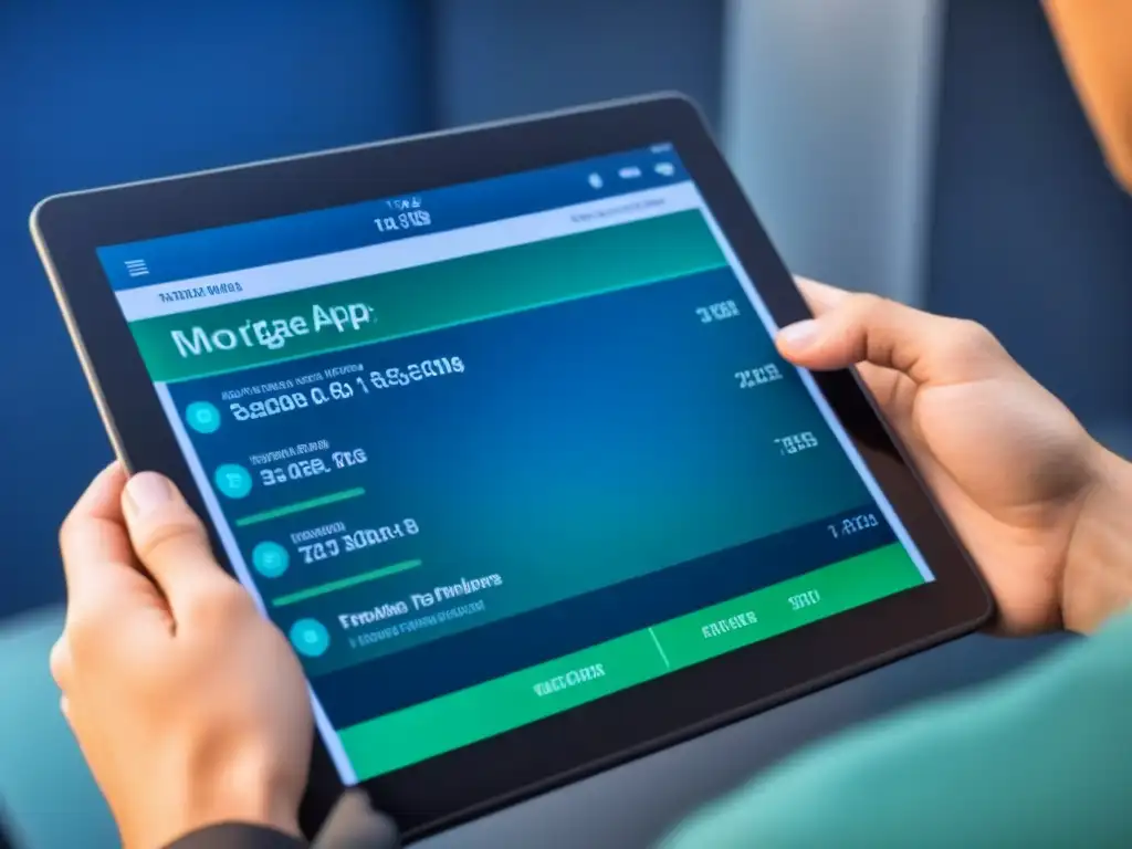 Interfaz innovadora de app hipotecaria: tecnología futurista en tablet Una interfaz futurista de una app de préstamos hipotecarios convencionales innovadores en una tableta de alta resolución
