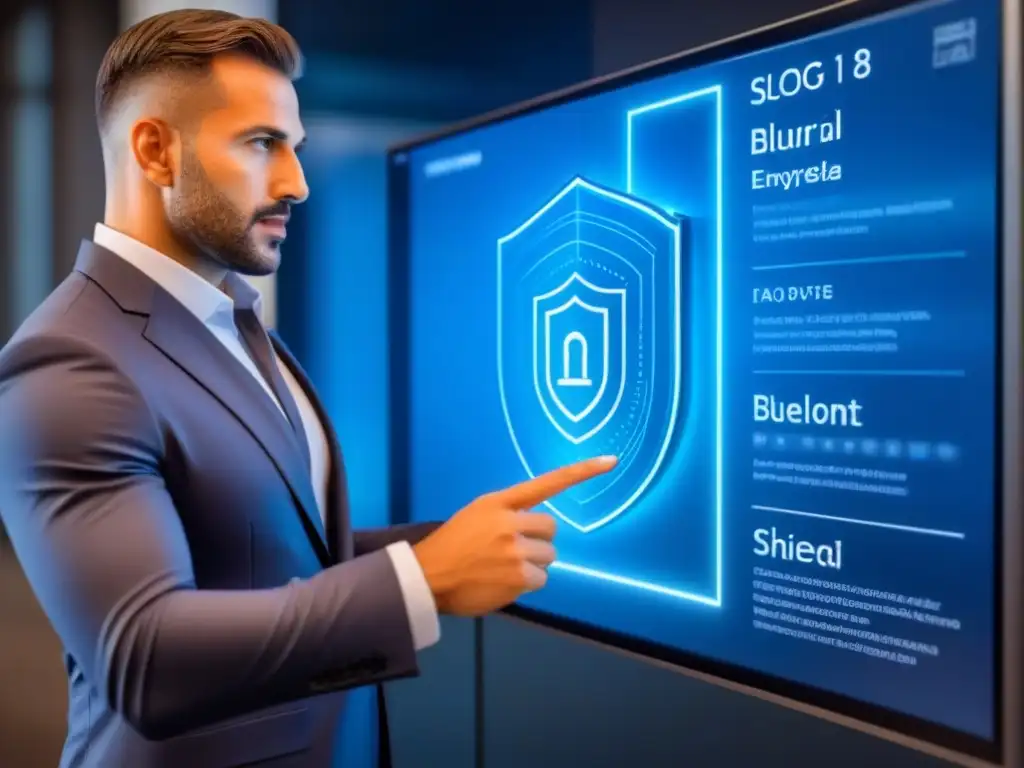 Ciberseguridad avanzada para inmuebles: protección futurista de datos Interfaz futurista de ciberseguridad en un edificio virtual con tecnología avanzada para prevenir fugas de datos en inmobiliarias