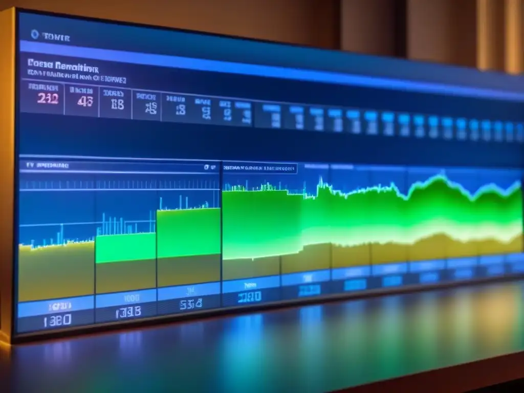 Análisis de tendencias en tiempo real: Futuro de la bolsa de valores Interfaz futurista con datos del mercado de valores y gráficos de análisis de tendencias en una sala hightech iluminada por luces azules y verdes, transmitiendo tecnología de vanguardia y decisiones basadas en datos para inversiones a corto plazo