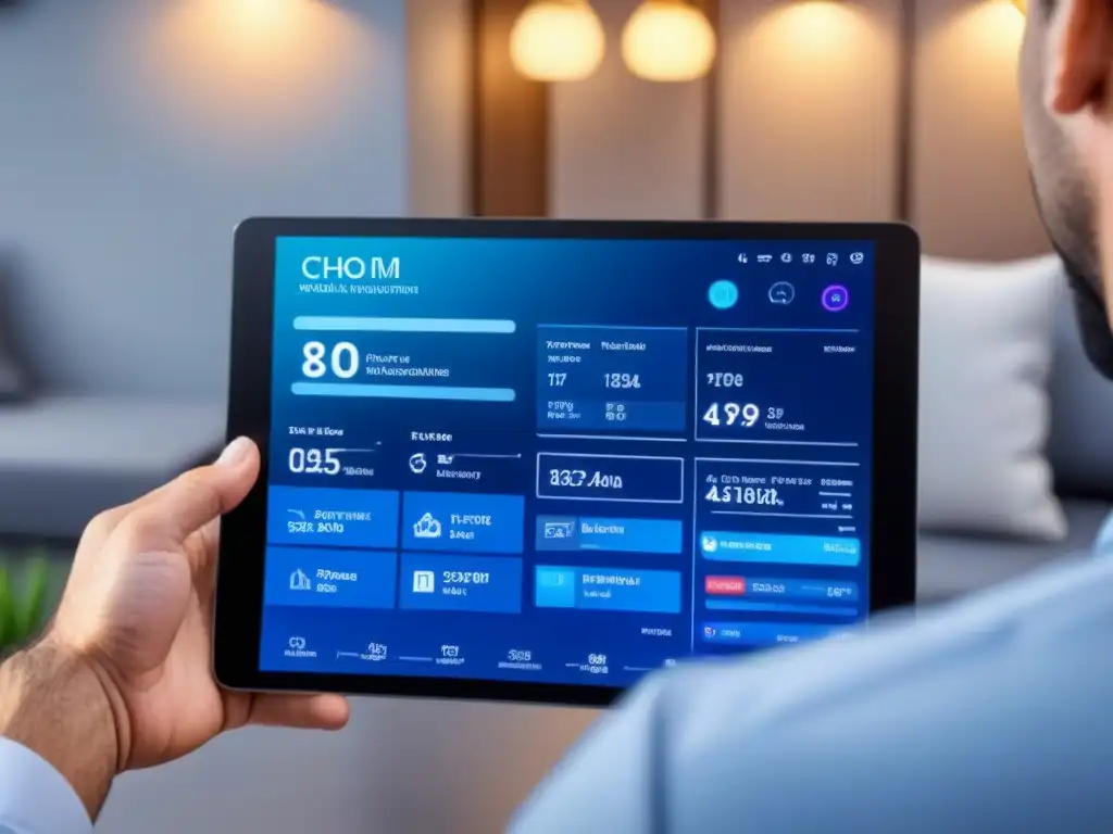 Interfaz digital futurista para gestión inmobiliaria Interfaz futurista para gestión inmobiliaria 2023 en pantalla táctil de alta resolución con gráficos avanzados y listados de propiedades