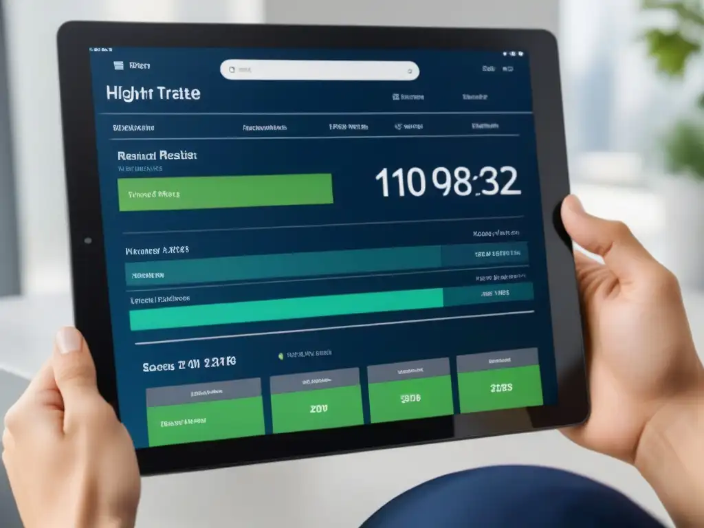 Interfaz futurista de gestión inmobiliaria en tablet de alta resolución Interfaz futurista de aplicación gestión inmobiliaria financiamiento en tablet de alta resolución, con diseño profesional e innovador