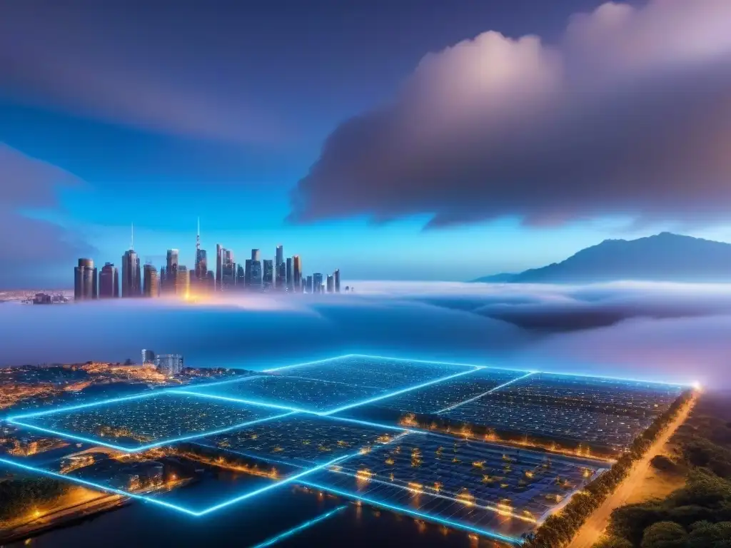 Interfaz digital futurista para financiamiento inmobiliario Interfaz futurista mostrando automatización evaluación préstamos inmobiliarios con datos financieros y gráficos de aprobación