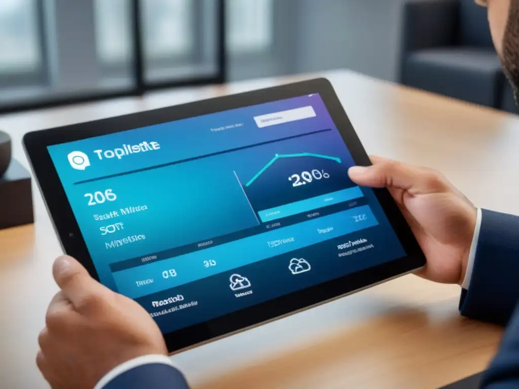 Interfaz futurista de gestión inmobiliaria en tablet de alta gama Interfaz futurista de la mejor aplicación de gestión inmobiliaria en tablet de alta gama en oficina moderna